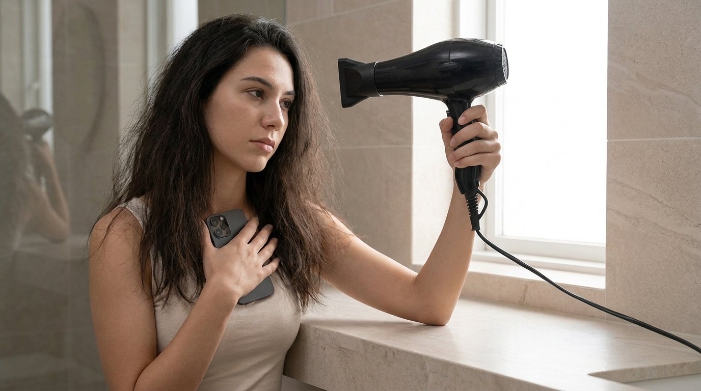 Une main prise par le sèche-cheveux