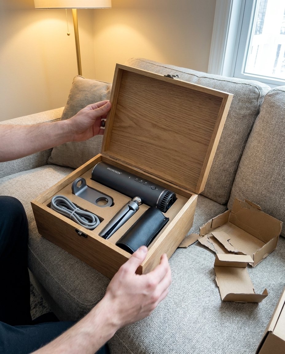 Éole et son tube de rangement dans la valise